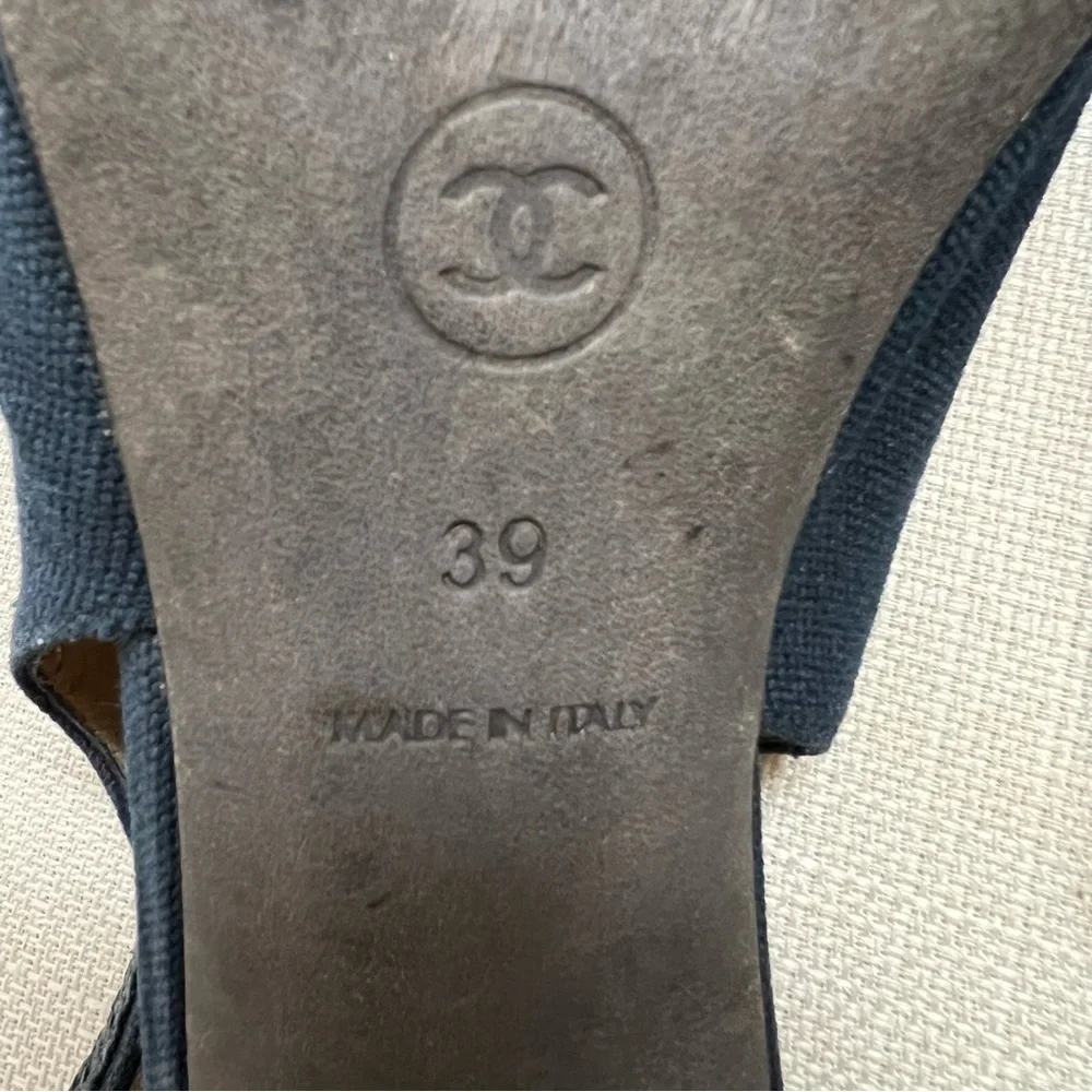 Chanel Vtg CC Logo Black Slingback Camelia Raffia Heels Peep Toe Shoes Y2W 8 - Picture 12 of 17